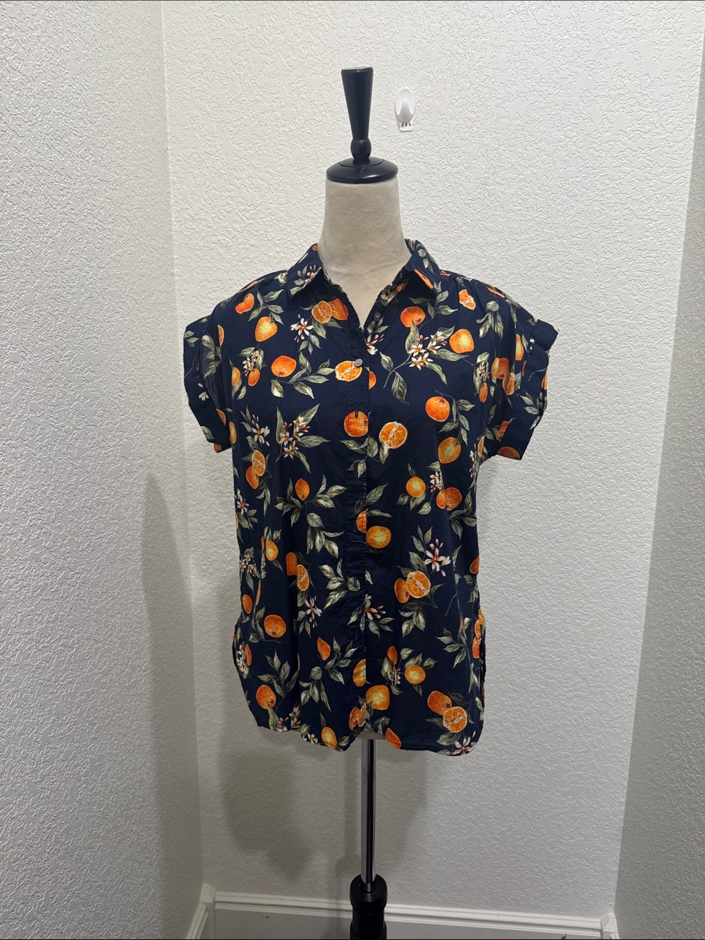 LOFT Navy Button-Down Shirt with Orange Fruit Print